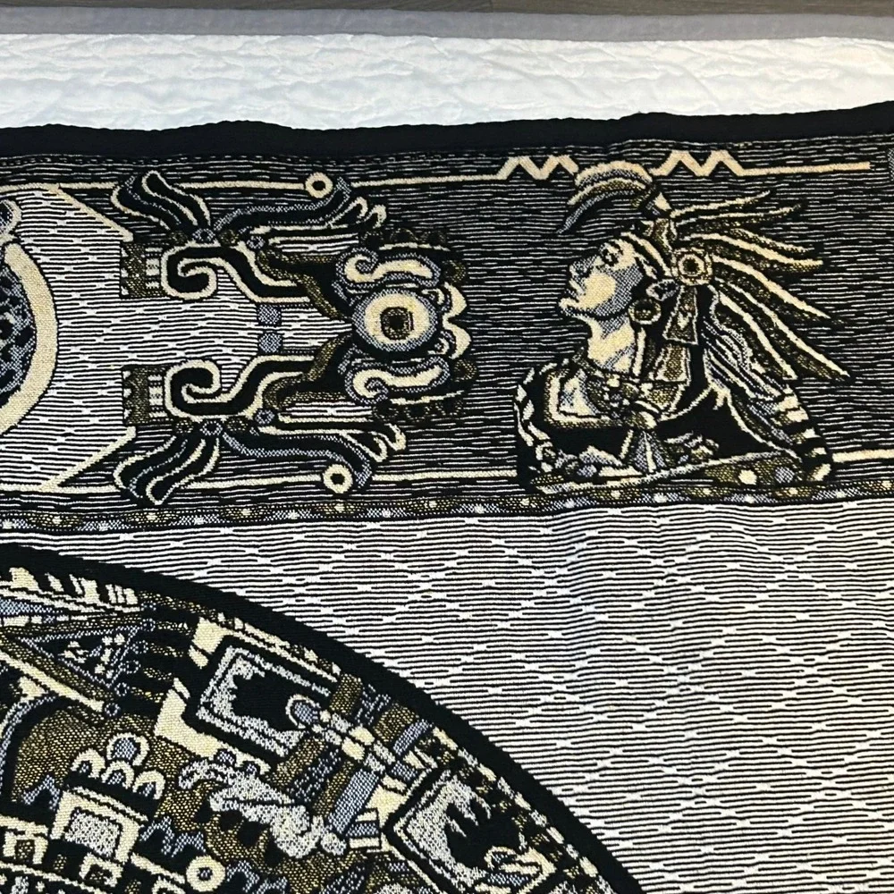 Mexican Aztec Mayan Sun Stone Calendar Woven Tapestry Blanket Jaguar Pyramids
